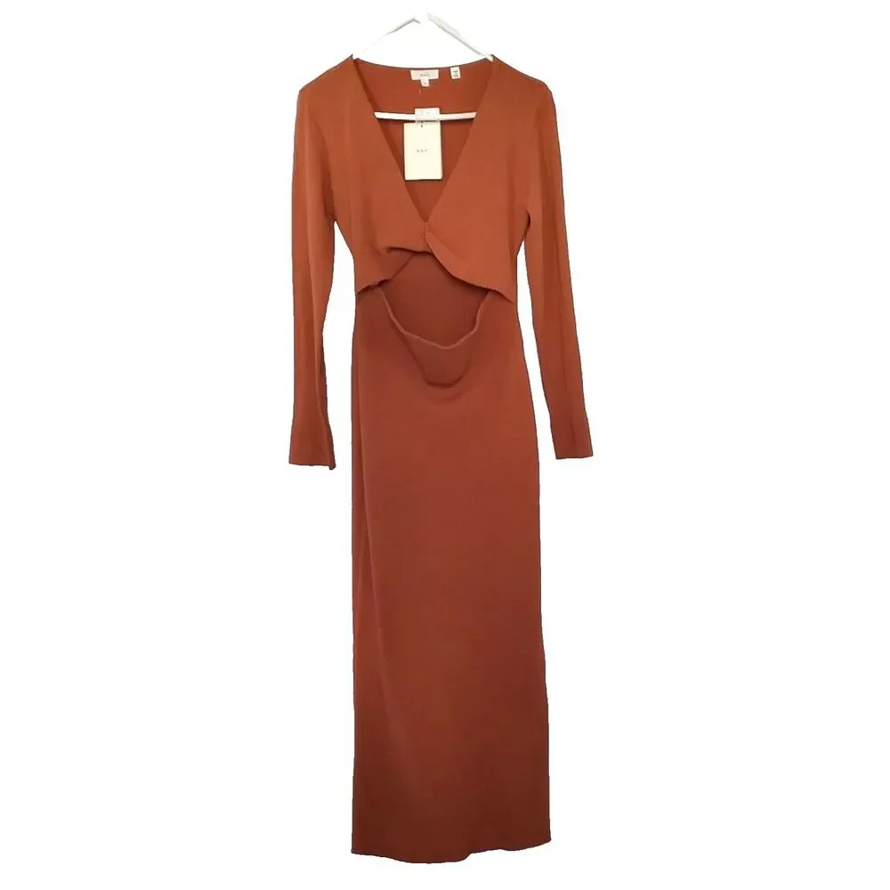 A.L.C. Women's Midi Dress XL Orange Ribbed Knit V-Neck Long Sleeve ALC NEW - Picture 3 of 7